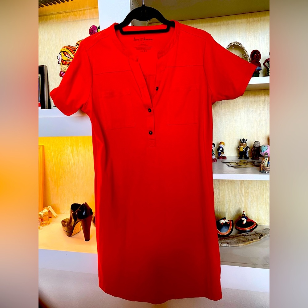Hanna Andersson Women’s sz Small red shirtdress, short sleeves, cotton/spandex